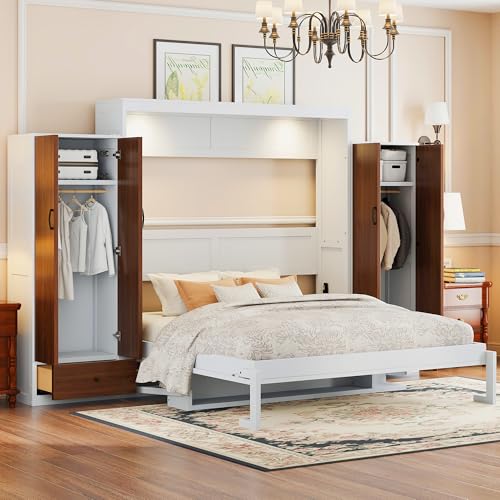 KLMM Wooden Murphy Bed Wall Bed with 2 Wardrobe and Storage Shelf,Foldable Platform Bedframe for Guest-Room Bedroom Study Office Use (White#E, Full)