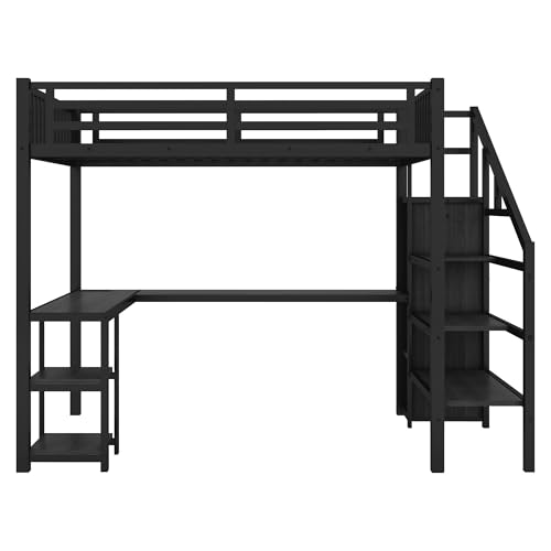 Full Size Loft Bed with Stairs and Storage, Metal Loft Bed Frame with Bedside Shelf and Large Under-Bed Space, Heavy-Duty Bed for Adults Teens and Kids, Black