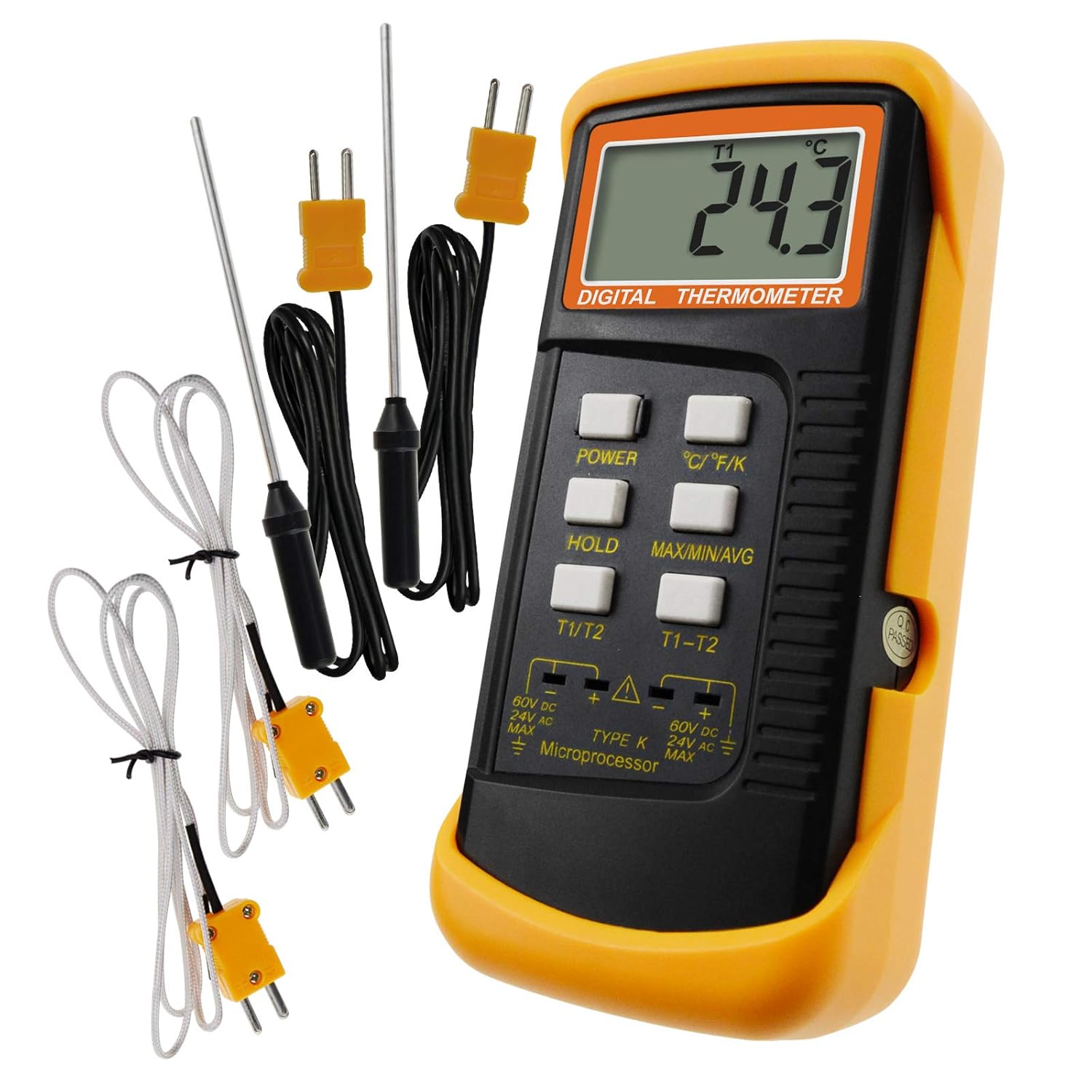 Digital 2 Channels K-Type Thermometer w/ 4 Thermocouples (Wired & Stainless Steel), -50~1300&deg;C (-58~2372&deg;F) Handheld Desktop High Temperature Kelvin Scale Dual Measurement Meter Sensor