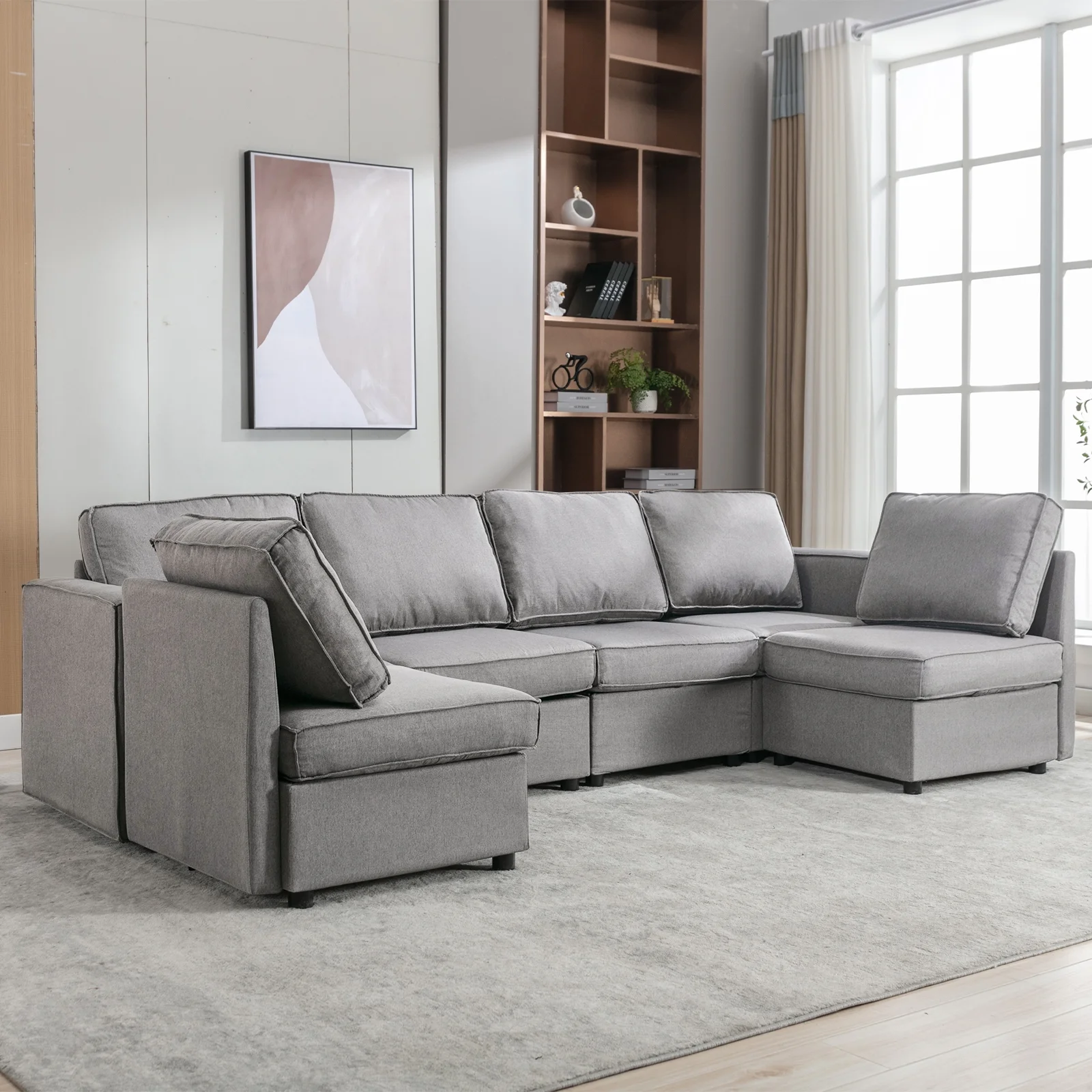 Bonzy Home U-Shaped Sectional Sofa with Storage and Reversible Chaises,Light Grey