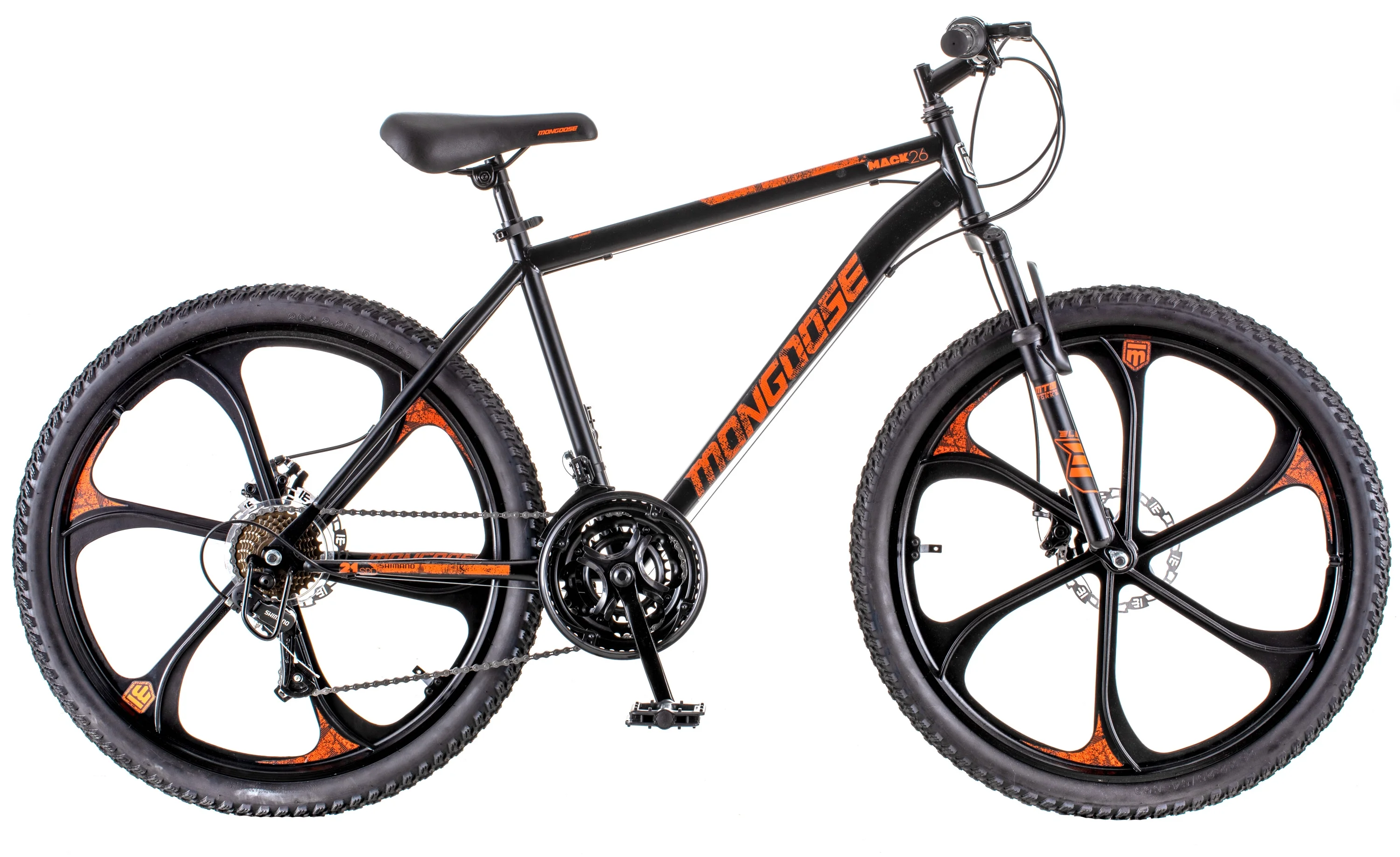 Mongoose Mack Mag Wheel Mountain Bike, 26" Wheels, 21 Speeds Shimano Revo Twist Shifters, Men's Frame, Orange On Black