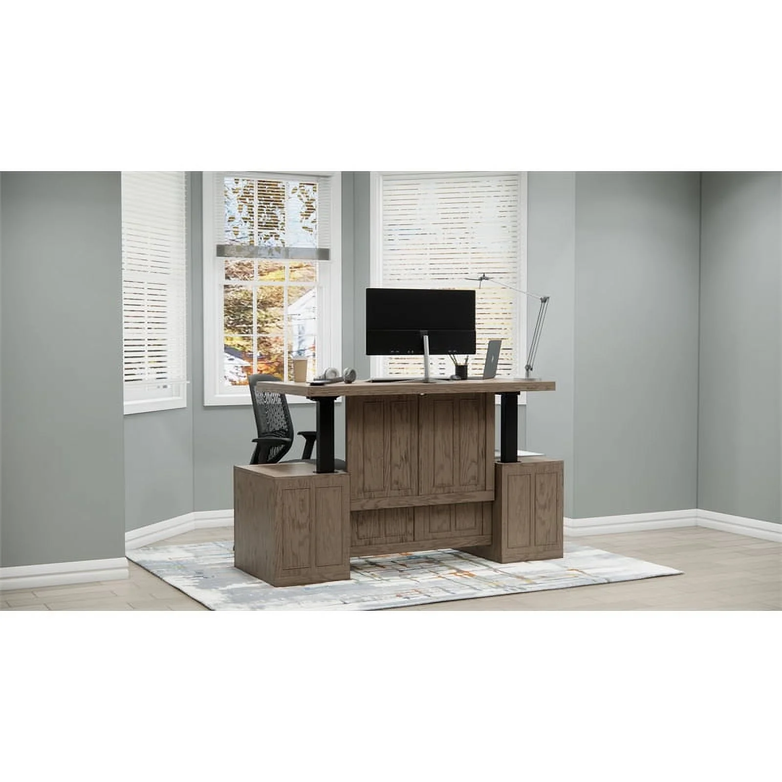 RoomAndLoft Wood Adjustable Height Sit-Stand Storage Desk with Drawers in Gray