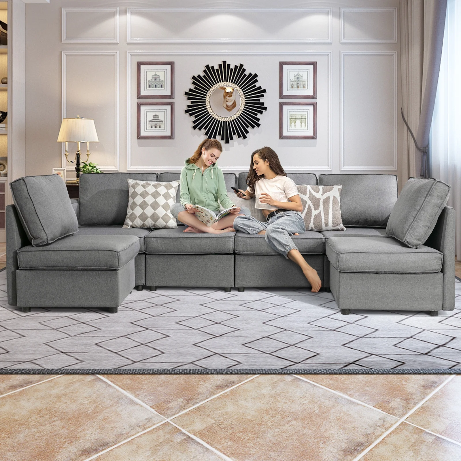 Bonzy Home U-Shaped Sectional Sofa with Storage and Reversible Chaises,Light Grey
