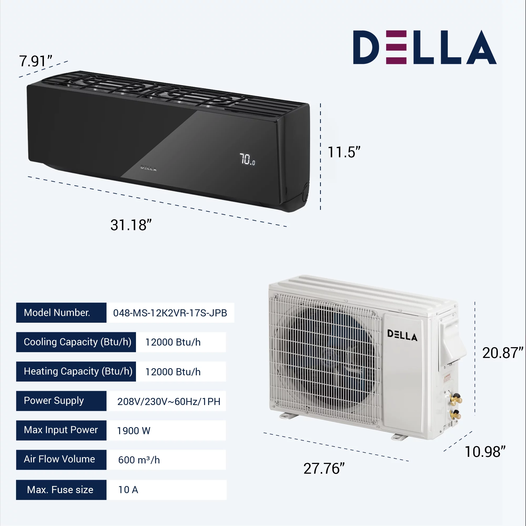 DELLA 12000 BTU Wifi Enabled 17.5 SEER Cools Up to 550 Sq.Ft 208-230V Energy Efficient Mini Split Air Conditioner & Heater Ductless Inverter System, with 1 Ton Heat Pump (JPB Series)
