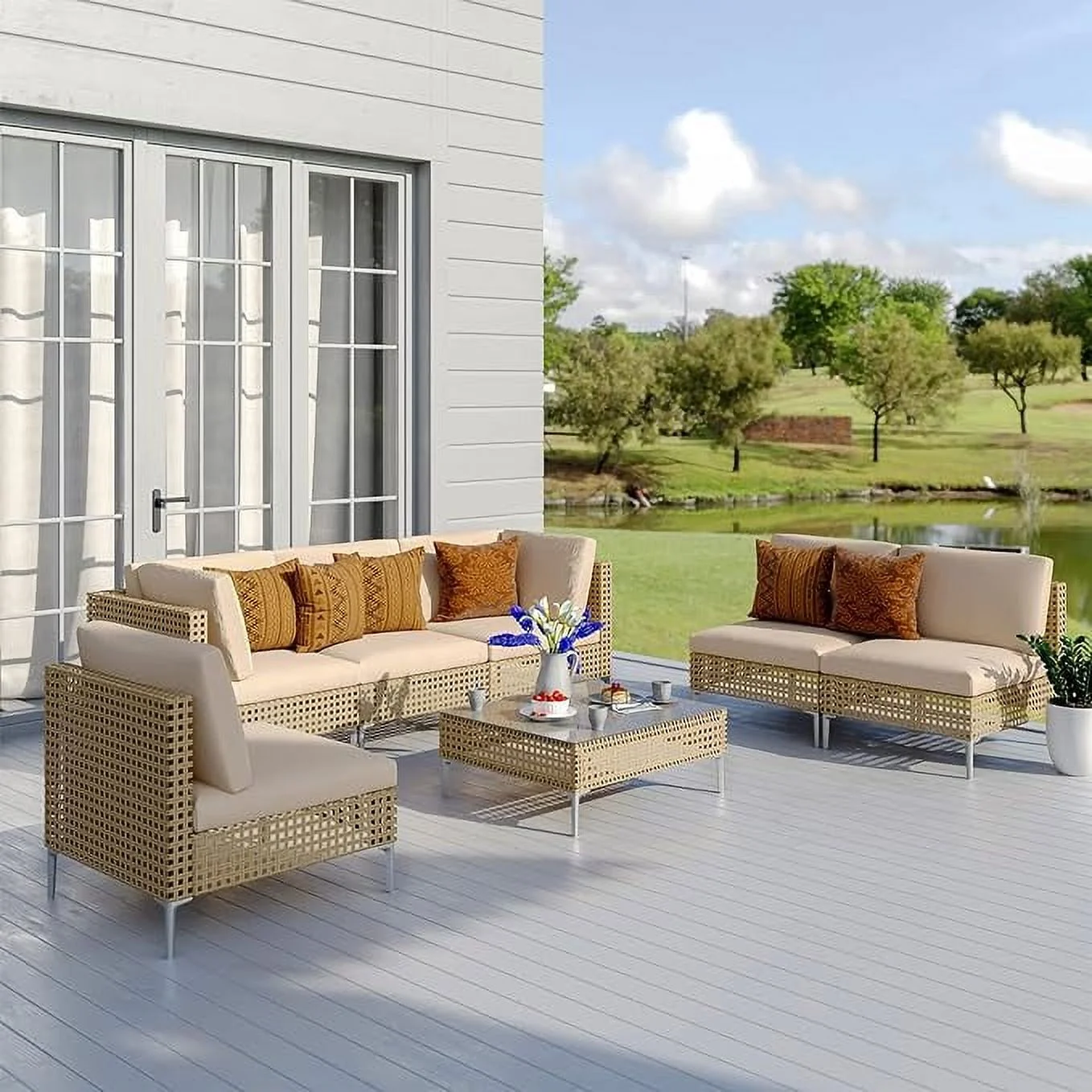 Grand Patio 7-Piece Wicker Patio Furniture Set, All-Weather Outdoor Conversation Set Sectional Sofa with Water Resistant Beige Thick Cushions and Coffee Table