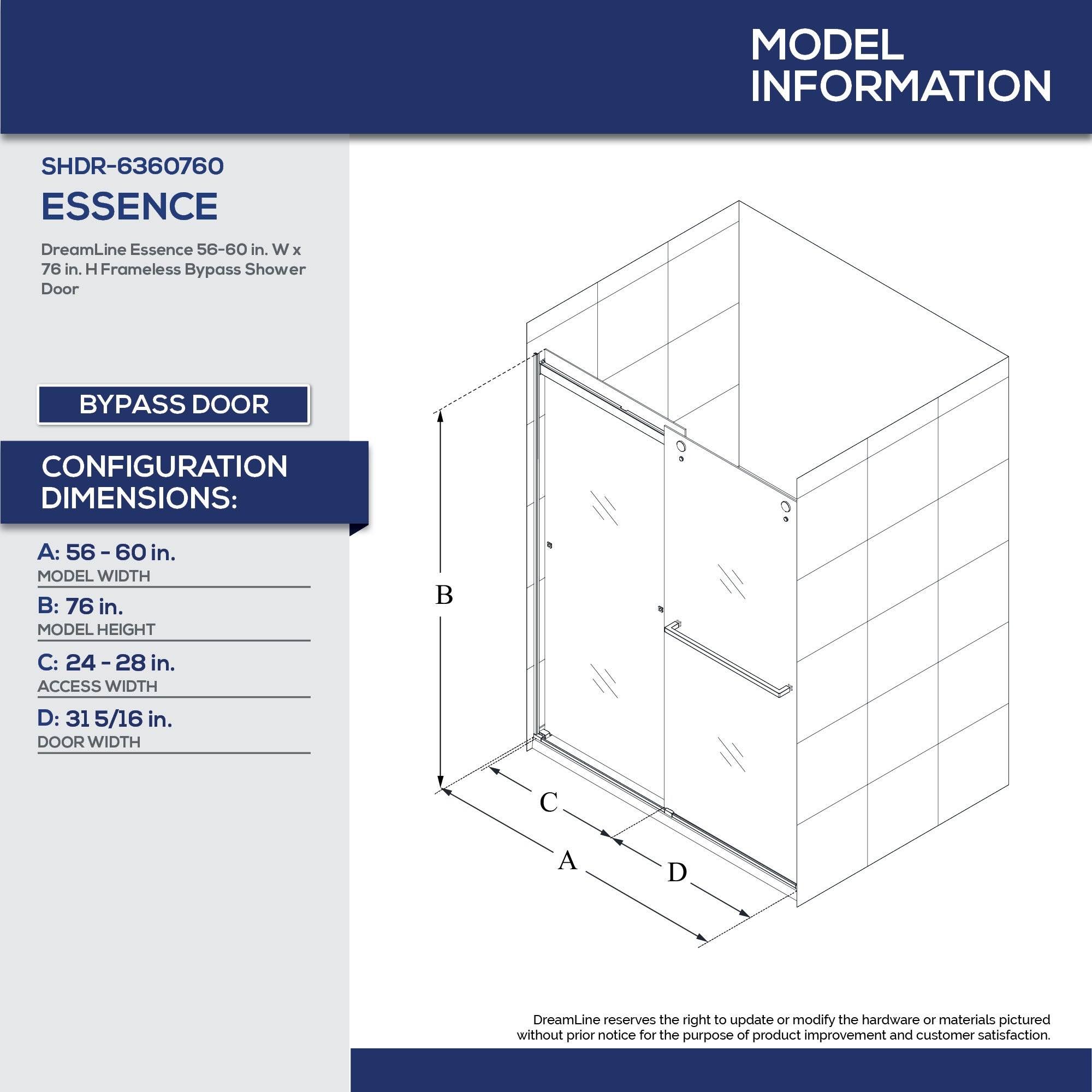 DreamLine Essence Collection 56-60 in. W x 76 in. H Frameless Bypass Shower Door in Satin