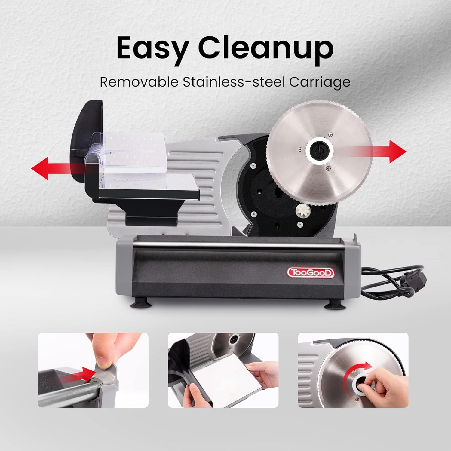 TooGood Household Meat Slicer, 1/4 HP, 180W Electric Food Slicer with 7.5 Stainless Steel Blade and Removable Food Carriage, Quick Release, 0mm-15mm Adjustable Slicing Thickness