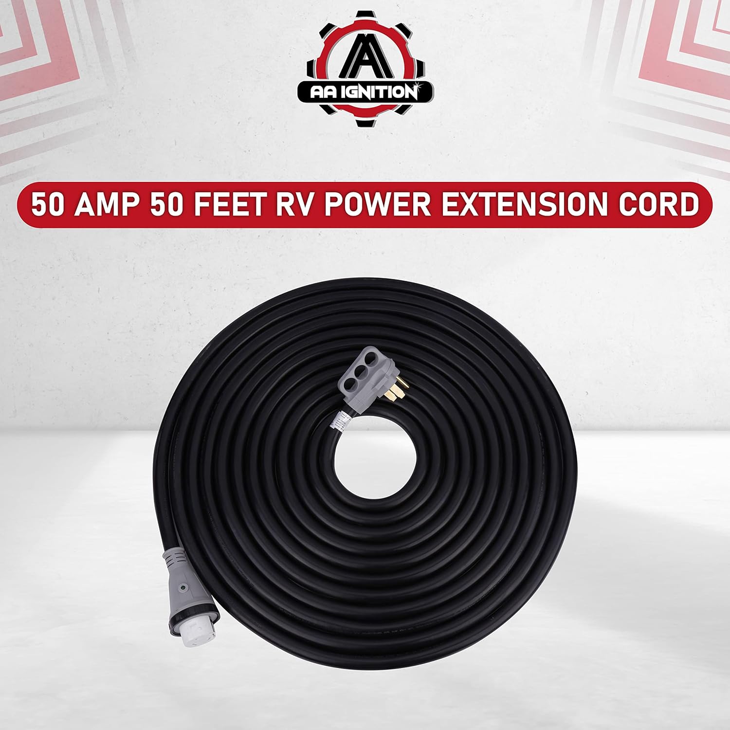 AA Ignition 50 Amp 50 Feet RV Power Extension Cord - NEMA 14-50P Male to NEMA SS2-50R Female - 125V/250V Power Supply Cable with Molded Connector and Twist Lock - Camper, Trailers, Motorhome, Caravan