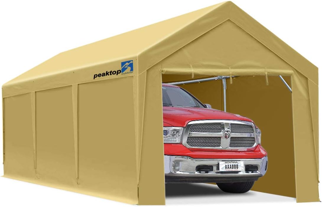 PEAKTOP OUTDOOR 10 x 20 ft Upgraded Heavy Duty Carport Car Canopy with Removable Sidewalls, Portable Garage Tent Boat Shelter with Reinforced Triangular Beams and 4 Weight Bags,Silver Gray