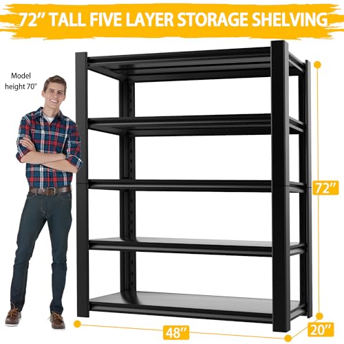3020LBS Standing Shelf Units 72" H x 48″W x 20" D,Heavy Duty Garage Shelving Units and Storage, 5-Tier Metal Shelves, Storage Rack for Garage Organization, Basement, Workshop, 1Pack