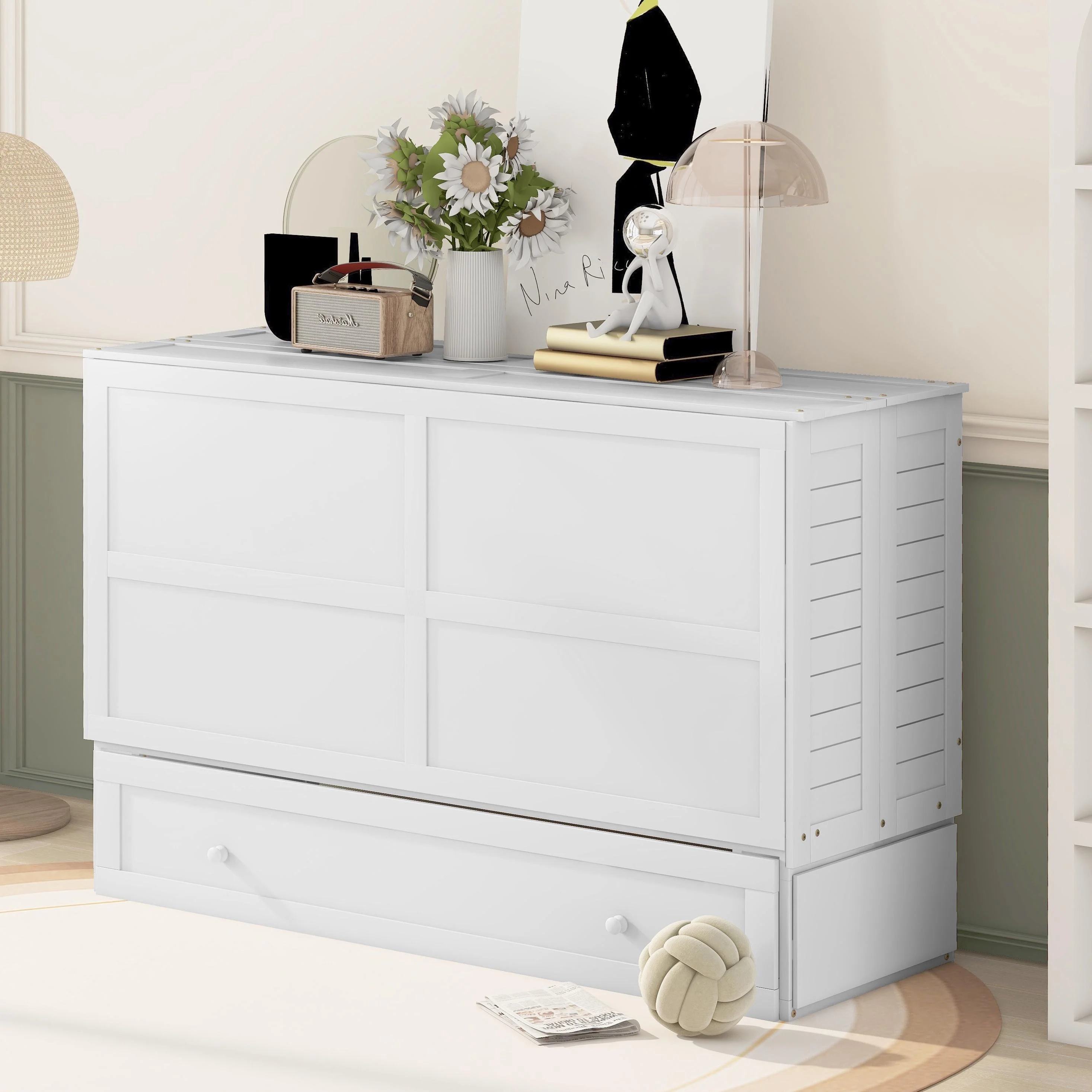 Bellemave Murphy Cube Cabinet Bed with Storage Drawer, Wood Queen Size Murphy Bed Cabinet with Side Little Shelves, Easy Fold Bed Frame for Guest Room, Home, Office (White)