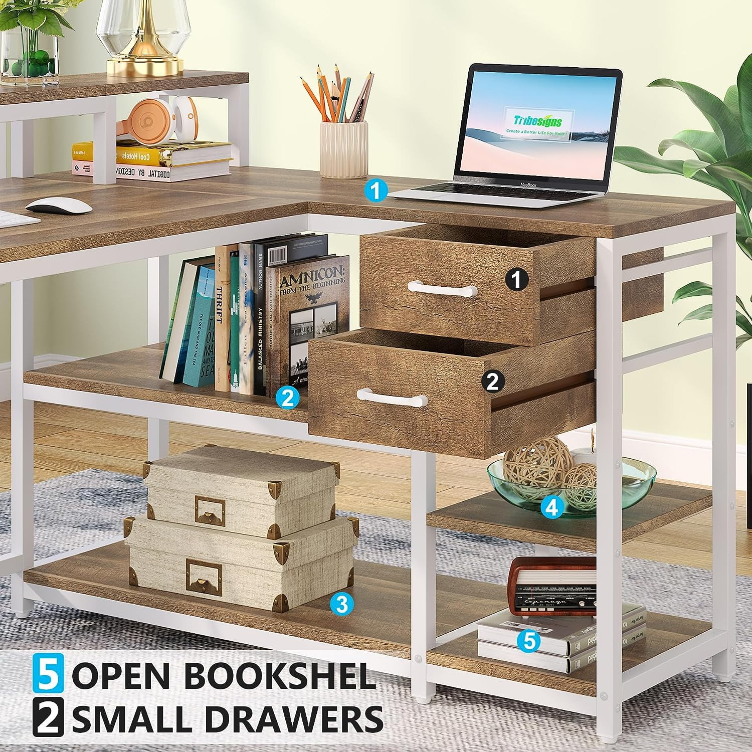 Tribesigns L Shaped Desk with Drawer, Corner Desk Home Office Table with Storage Shelves and Monitor Stand, Rustic Wooden and Metal PC Desk for Small Space