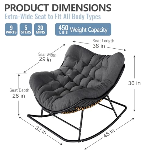 SWITTE Papasan Rocking Chair Outdoor Indoor, Oversized Egg Wicker Rocker with Cushion, Supports 450 lbs, Patio Chair for Balcony or Living Room - Gray
