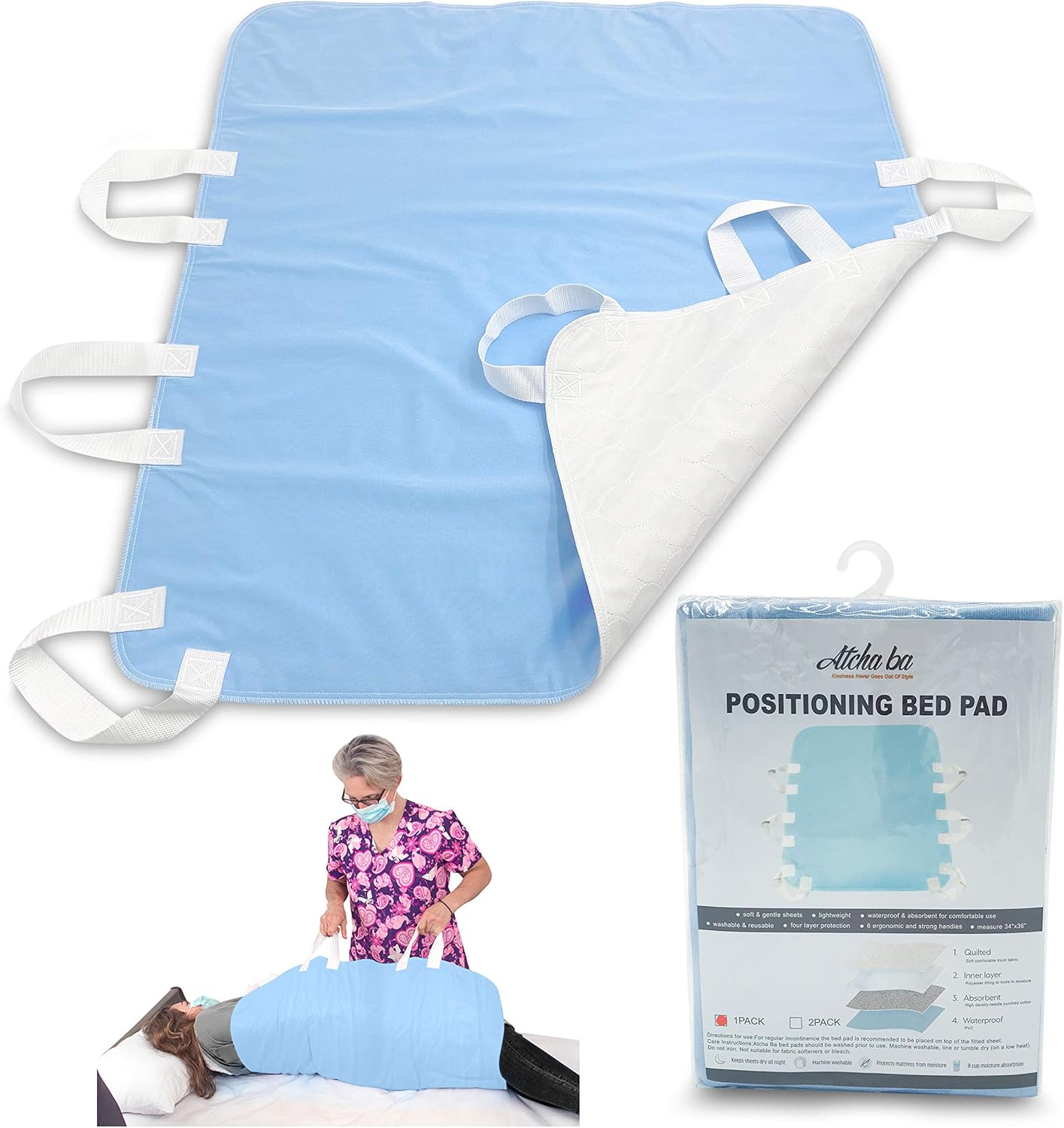 Atcha Ba Waterproof Positioning Bed Pad with 6 Handles, Reusable Incontinence Underpad, Washable Hospital and Home Care Sliding Sheet, 34&rdquo; x 36&rdquo; (2-Pack Blue)