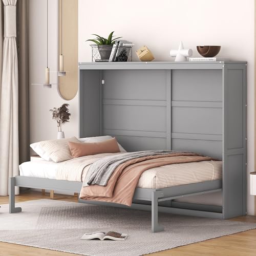 Harper & Bright Designs Queen Size Murphy Bed Wall Bed with Storage Shelves, Wardrobe and LED Lights, Space-Saving for Multipurpose Guest Room or Home Office, Gray