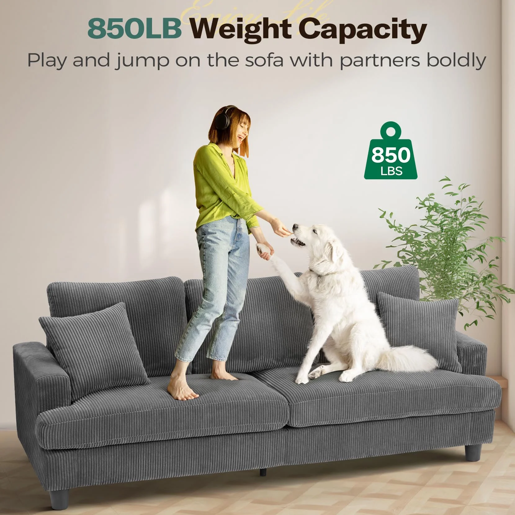 87" Corduroy Sofa,3 Seater Sofa Extra Deep Seats,Comfy Upholstered Couch for living Room,2 Pillows,Gray