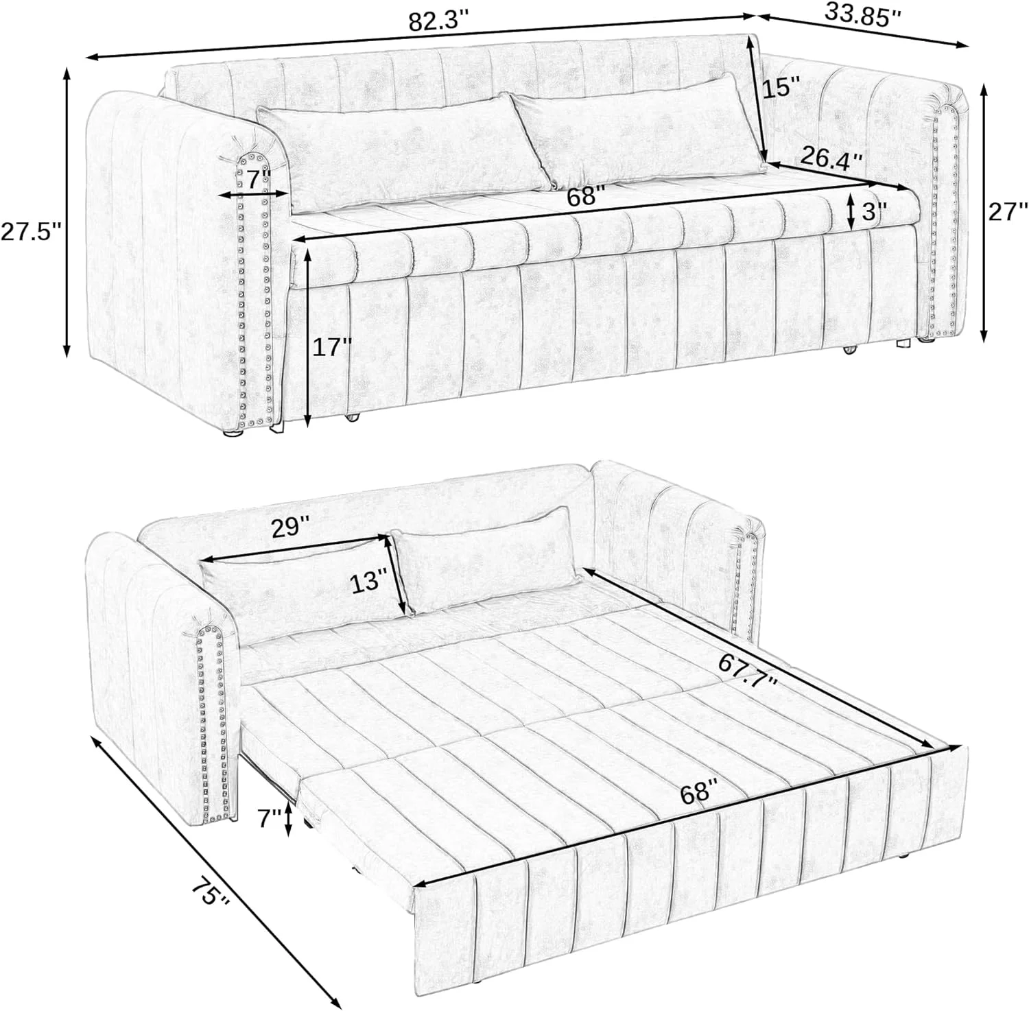 3-in-1 Convertible Sleeper Sofa Bed,Pull-Out Bed Sleeper with Rolled Arms Decorated with Copper Nails,Modern Upholstered 3 Seats Sofabed with Two Drawers and Two Pillows,Black - Curated Treasures Market