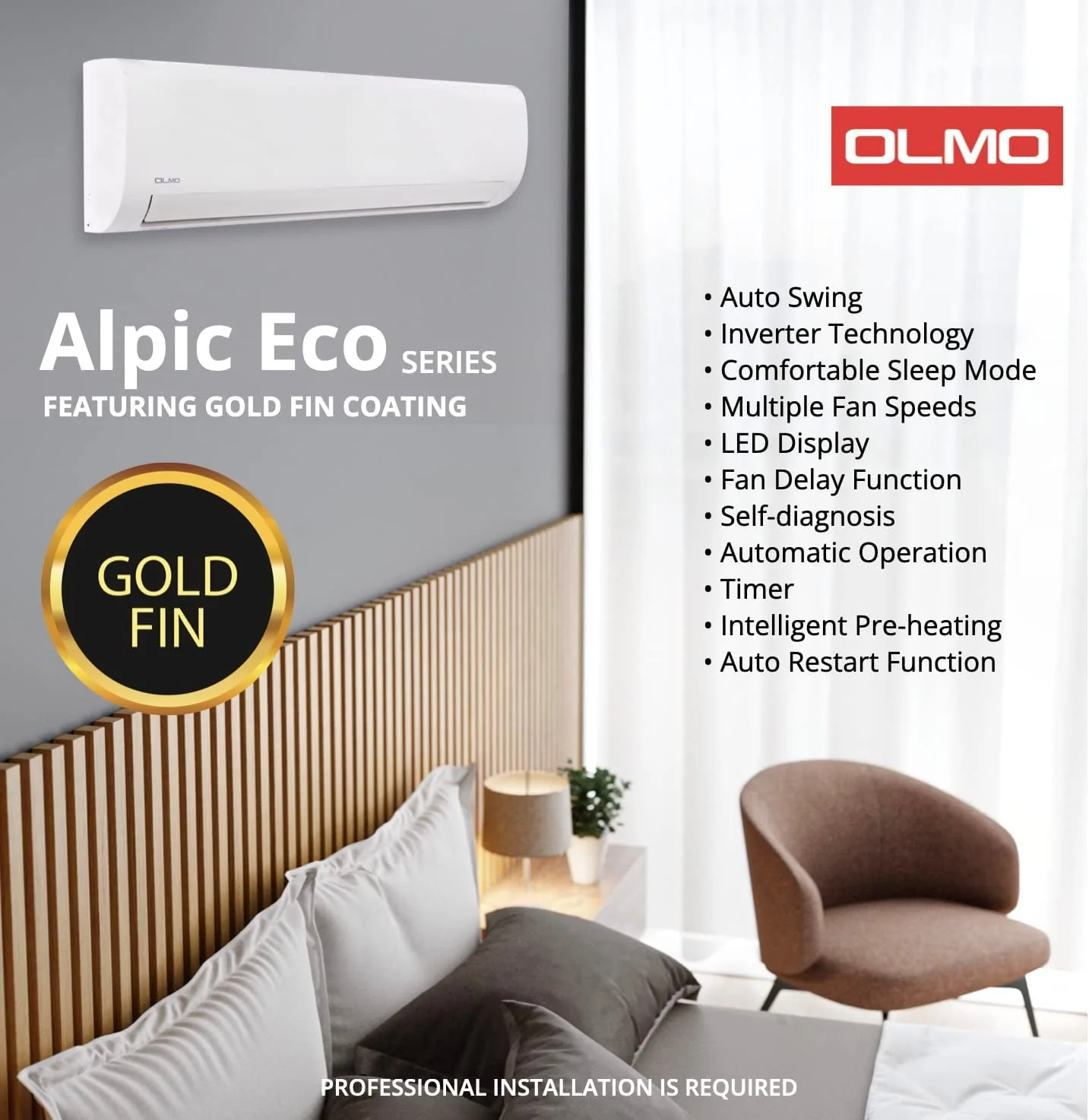OLMO 9000 BTU 115V Wall Mounted Mini Split Heat Pump Air Conditioner With 16ft Kit Cover 400 Sq Ft