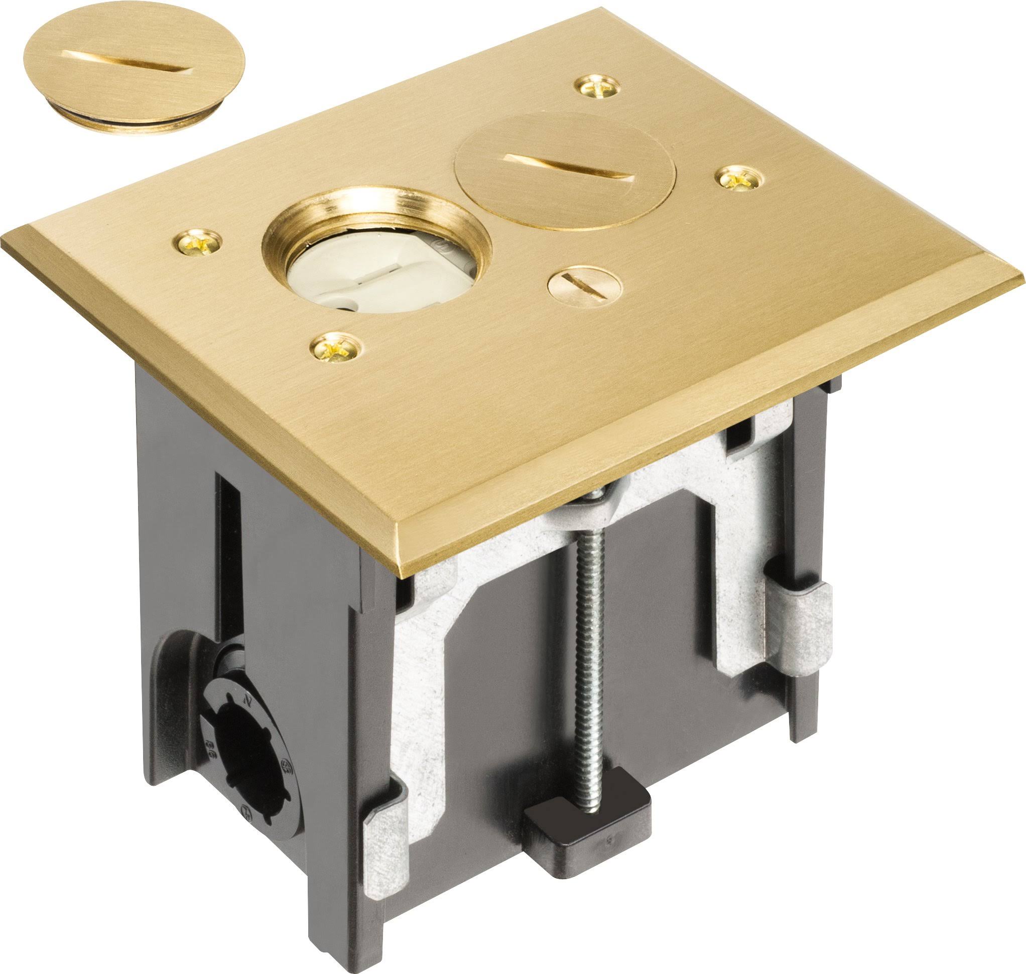 Arlington FLBA101MB-1 Adjustable Rectangular Floor Outlet Electrical Box Kit with Brass Metal COVER, Fits Up to 2-Inch Floors, 1