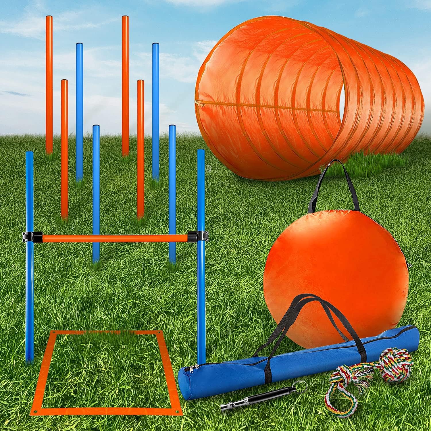 CHEERING PET Dog Agility Training Equipment, 28 Piece Dog Obstacle Course, Training and Interactive Play Includes Dog Tunnel, Adjustable Hurdles, Poles, Whistle, Rope Toy with Carrying Case