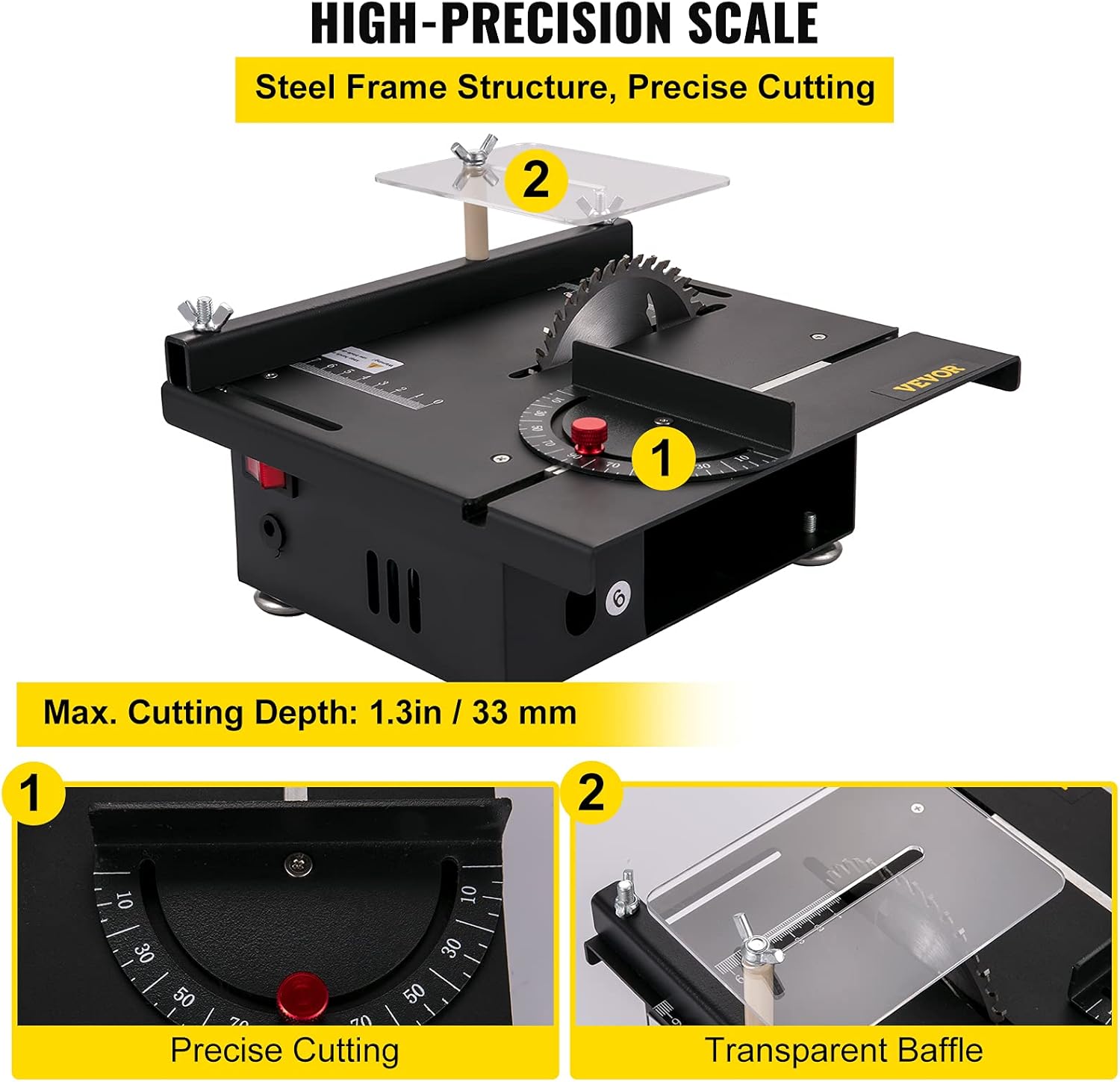 VEVOR Mini Table Saw, 96W Hobby Table Saw for Woodworking, 0-90 Angle Cutting Portable DIY Saw, 7-Level Speed Adjustable Multifunctional Table Saws, 1.3in Cutting Depth (Cutting/Polishing Set)