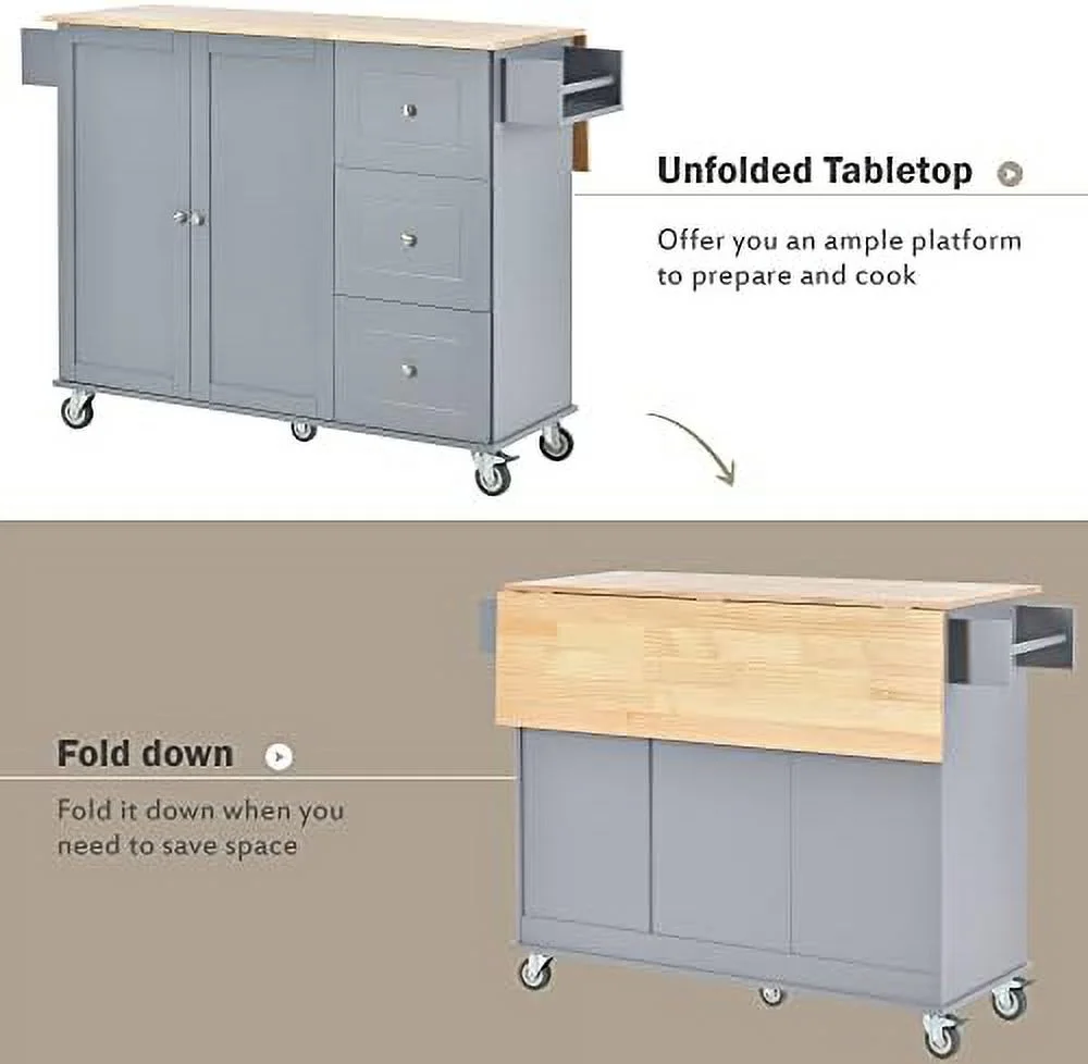Rolling Kitchen Island Cart on Wheels with Drop Leaf and 3 Drawers  Mobile Portable Kitchen Island Table with  Cabinet  Towel and Spice Rack  for Living Room Dinning Room (Black) - Curated Treasures Market