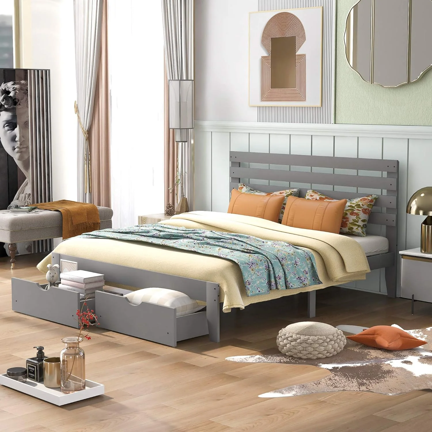 Queen Bed Frame, Queen Platform Bed With Storage Drawers, Wood Platform Bed Frame With Headboard, Wood Slats Support, No Box Spring Needed, Easy Assembly, Grey
