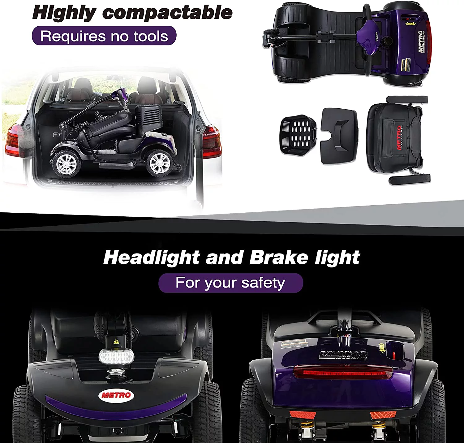Metro Mobility Elderly Scooter Folding Scooter 4 Wheel Scooter Purple.