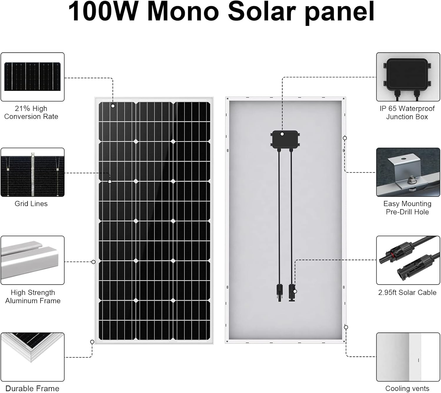 ECO-WORTHY 100 Watt Solar Panel 12 Volt Monocrystalline Solar Panel High Efficiency Module RV Marine Boat Caravan Off Grid