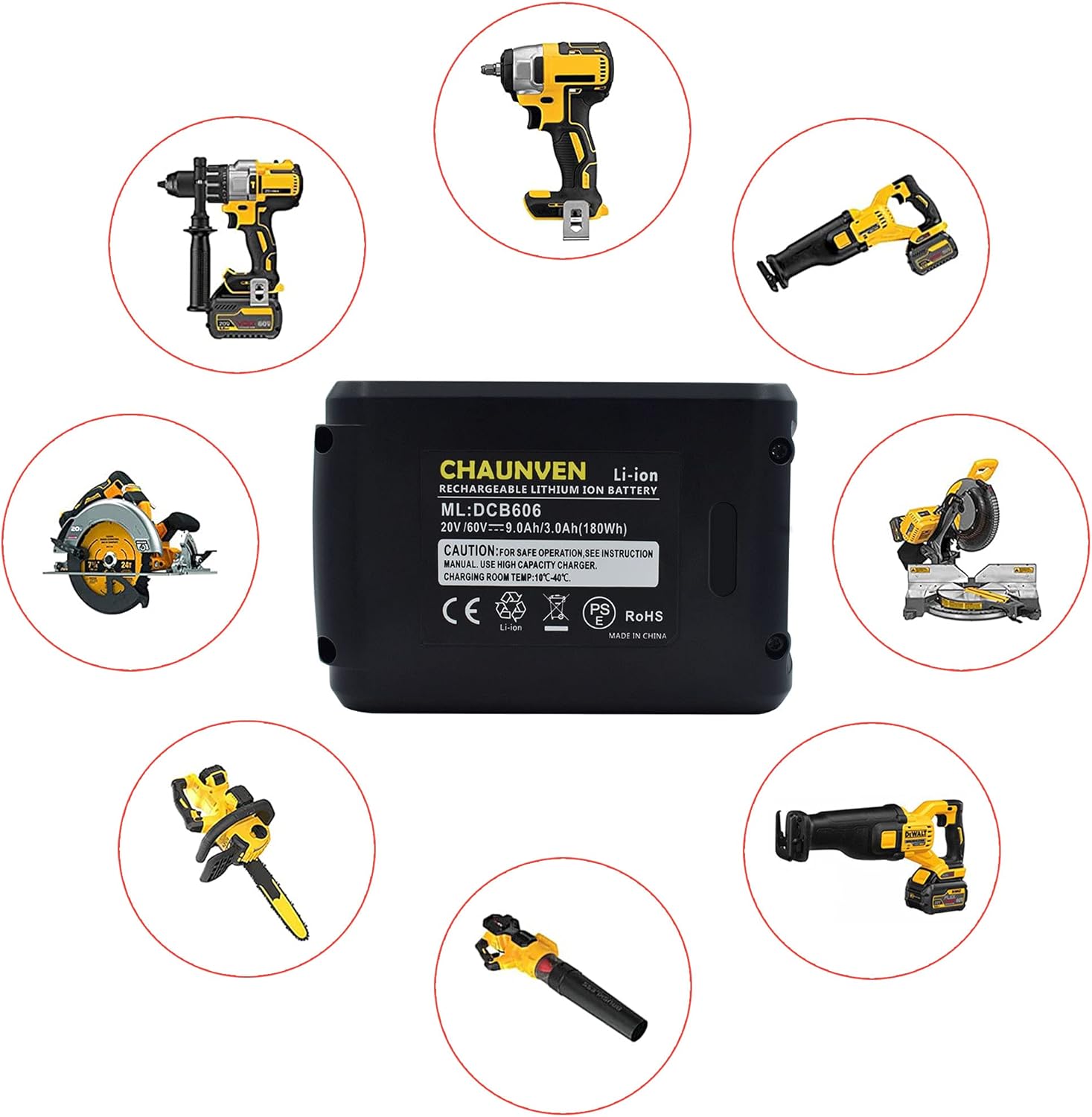 Chaunven DCB606 Battery Replacement for Dewalt 20V / 60V Battery 9A MAX DCB606 DCB606-2 DCB609 DCB612 Cordless Power Tools Battery
