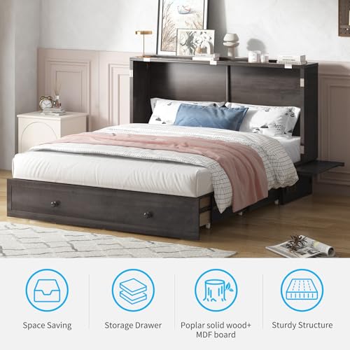 Mjkone Queen Size Murphy Bed with Tri-Folding Mattress, Charging Station, Modern Cabinet Bed with Drawers, Multifunctional Design Wall Murphy Beds for Living Room, Apartment (Cherry Pattern H)