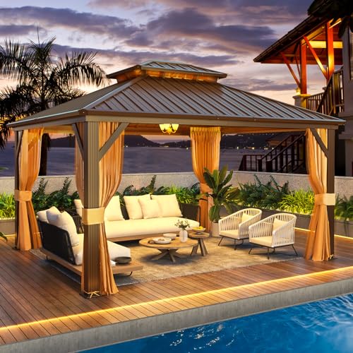 YOLENY 10' x 12' Hardtop Gazebo, Wood-Looking Gazebo with Galvanized Steel Double Roof, Aluminum Frame, Permanent Metal Pavilion with Netting and Curtains for Deck, Backyard, Patio and Lawns