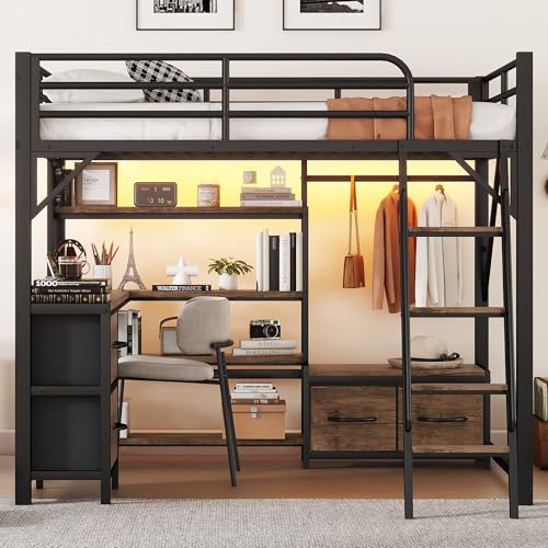 Full Size Loft Bed with Stairs and Storage, Metal Loft Bed Frame with Bedside Shelf and Large Under-Bed Space, Heavy-Duty Bed for Adults Teens and Kids, Black
