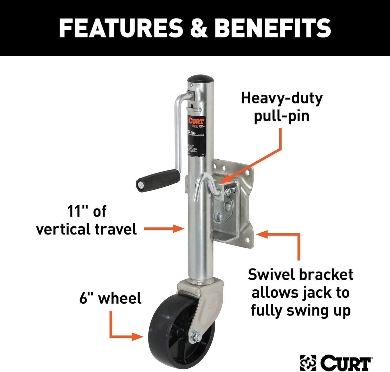 CURT 28112 Marine Boat Trailer Jack with 6-Inch Wheel, 1,200 lbs. 11 Inches Vertical Travel Pack of 2