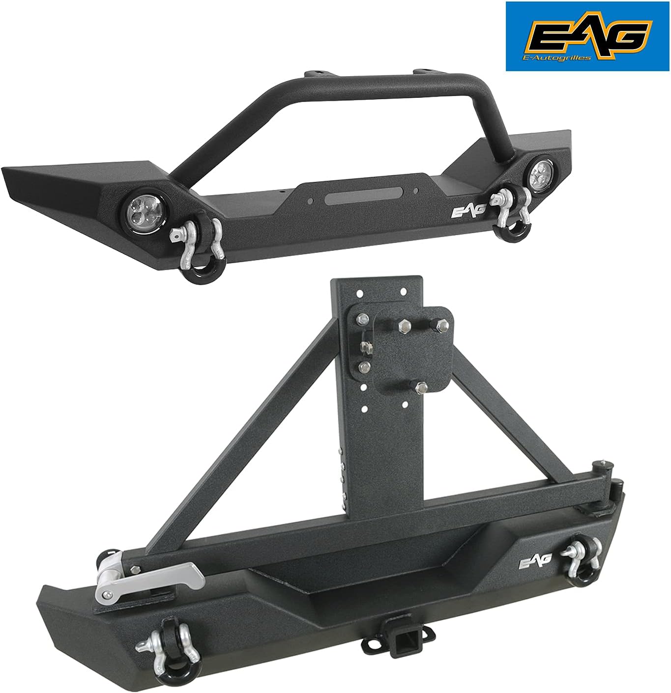 EAG Front LED Bumper and Rear Bumper with Assembled Tire Carrier Fit for 87-06 Wrangler TJ YJ