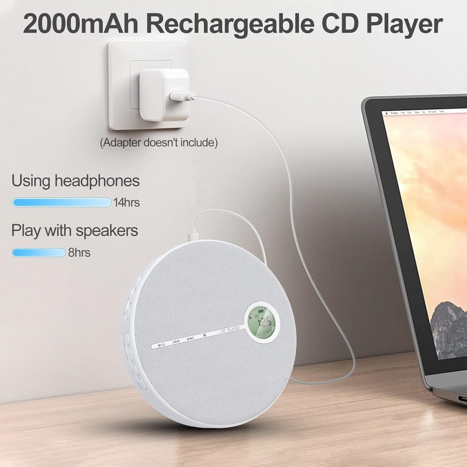 Newest CD Player Portable, WOKALON Rechargeable CD Player with Bluetooth, Anti-Skip CD Player with Speakers for Car, Walkman CD Player with Headphones and AUX Cable, 2000mAh Battery (Gray) Pack of 2