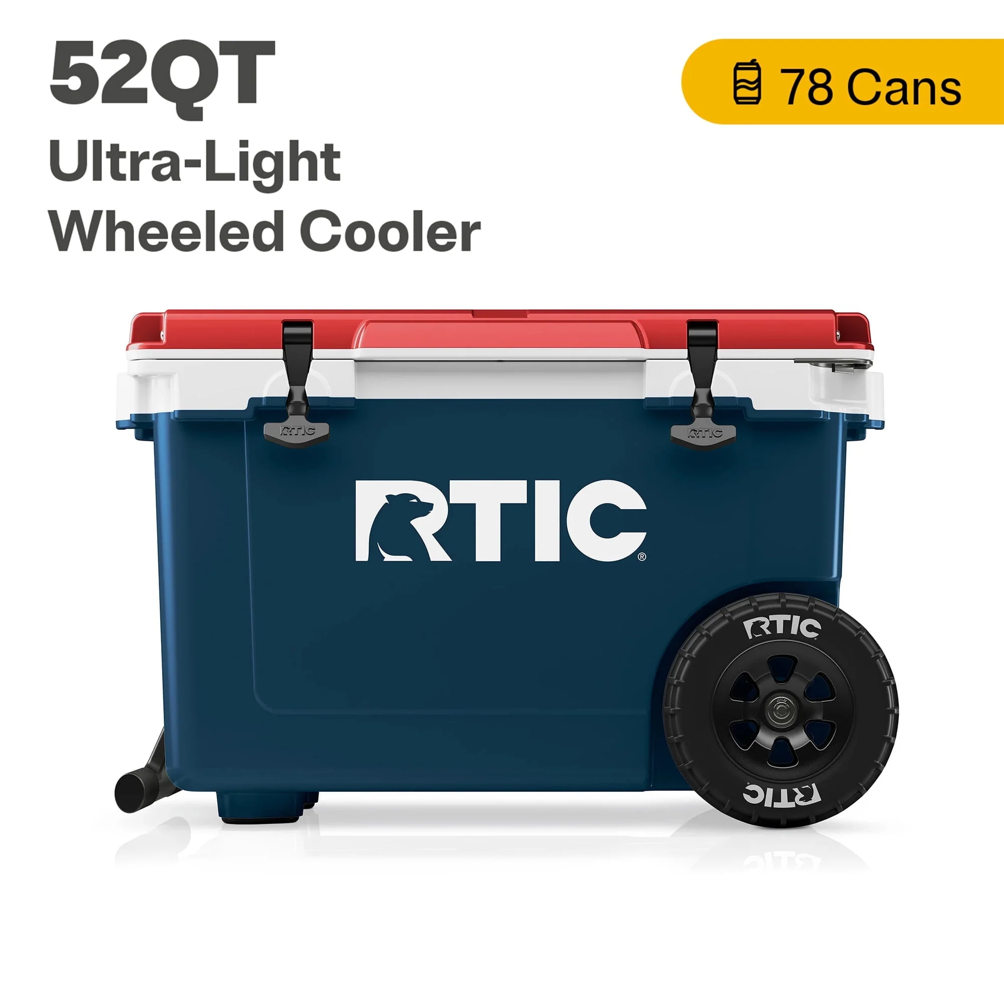 RTIC 52 QT Ultra-Light Wheeled Hard-Sided Ice Chest Cooler, White and Grey, Fits 78 Cans