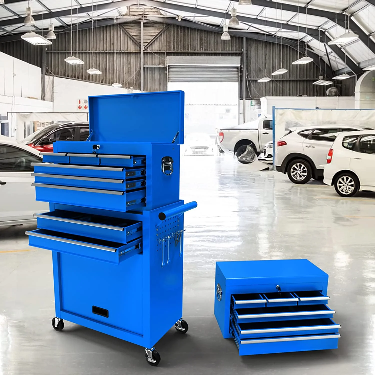 Rolling Tool Chest with Wheels and 8 Drawers, Detachable Large Toolbox Storage Cabinet with Lock,Locking Mechanic Tool Cart for Warehouse, Workshop,Garage,Blue