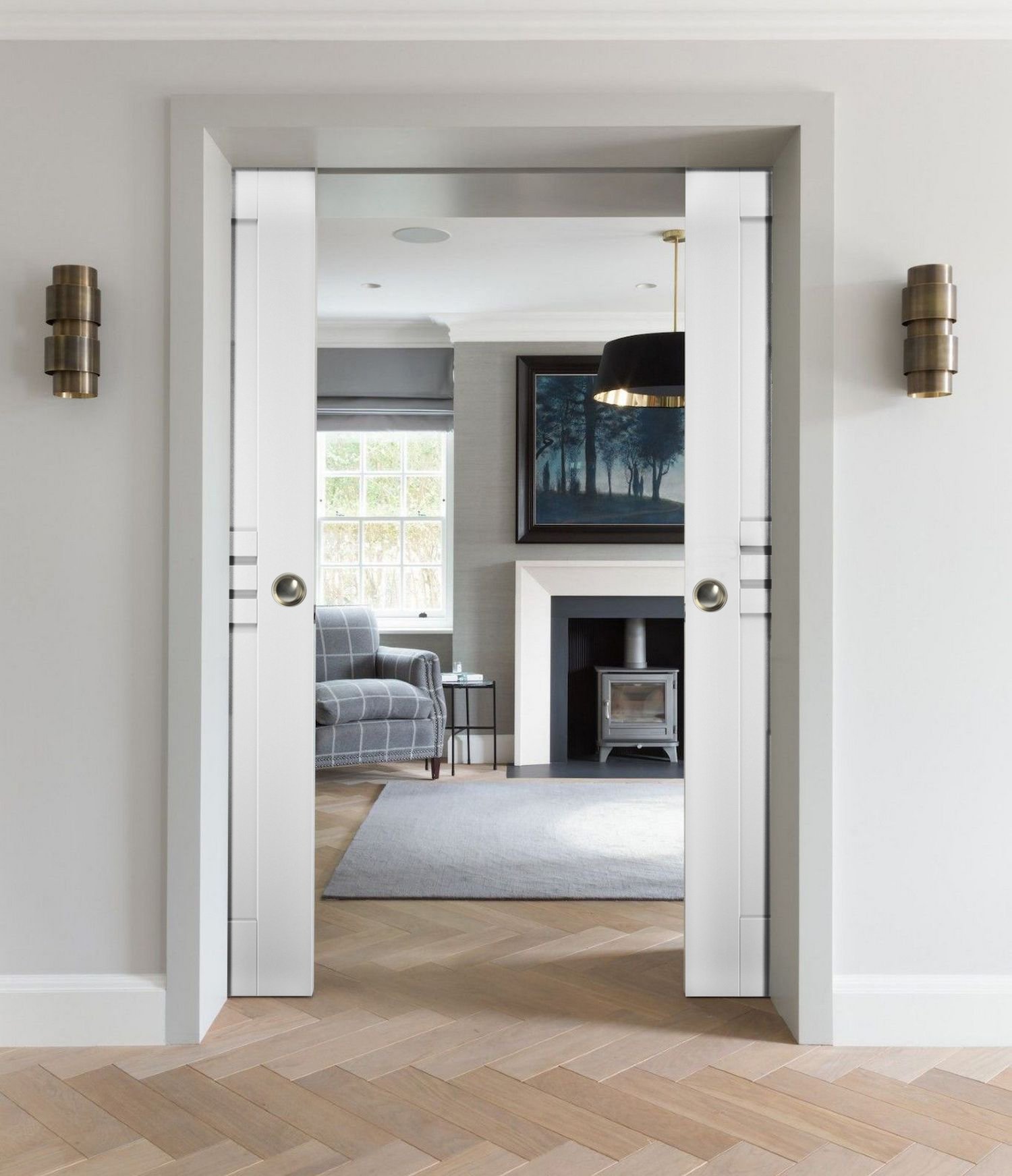 Sliding French Double Pocket Doors 36 x 80 inches / Mela 7444 White Silk / Kit Rail Hardware / MDF Interior Bedroom Modern Doors