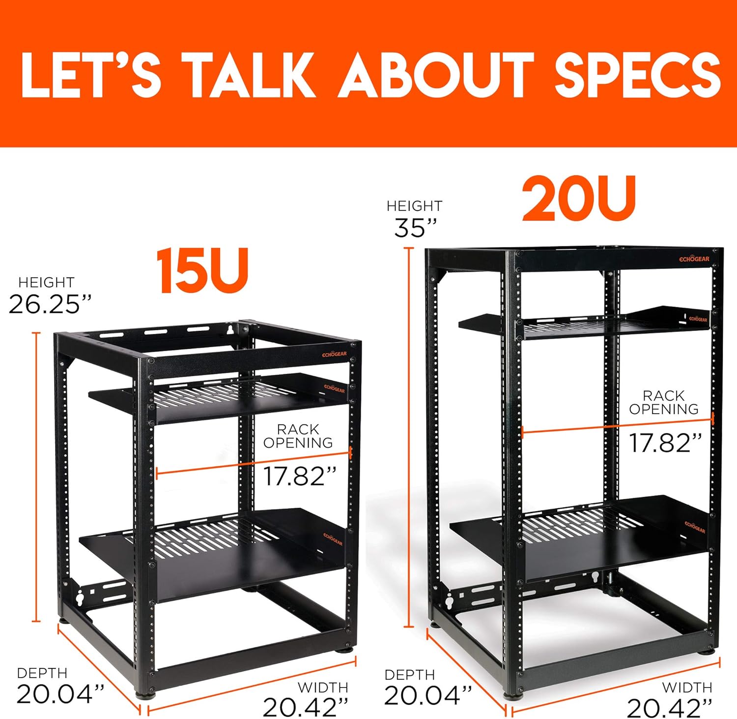 ECHOGEAR 15U Open Frame Rack for Servers & AV Gear - Heavy Duty 4 Post Design Includes 2 Vented Shelves & is Wall Mountable