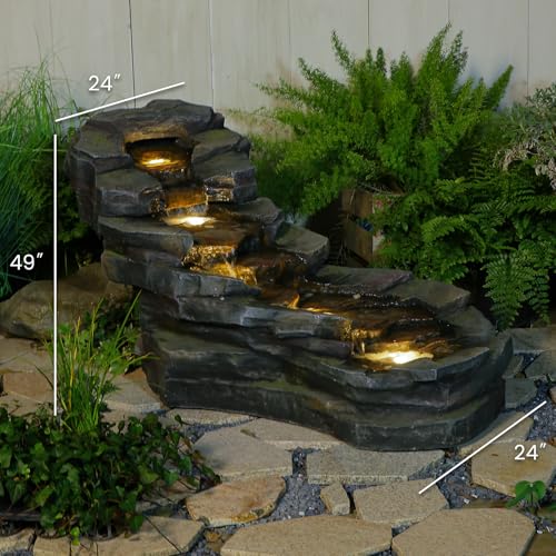 37" L Garden Outdoor Water Fountain, Floor Standing 5-Tiers Rock Natural Waterfall Outdoor Fountains with LED Lights for Patio, Porch, Home Art Decor