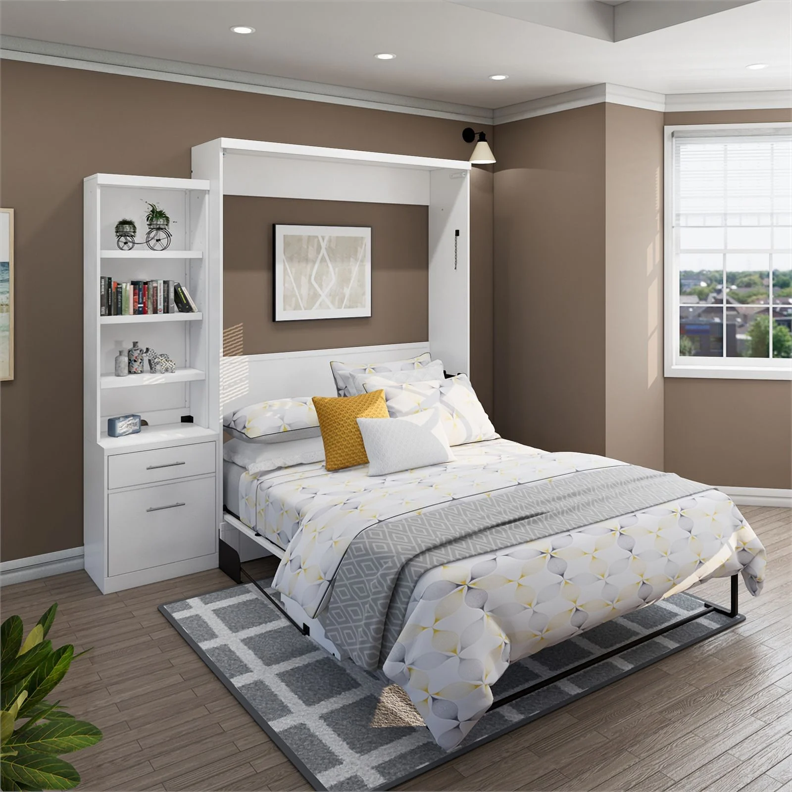 RoomAndLoft Queen Wood Murphy Wall Desk Bed & Shelf Storage in White