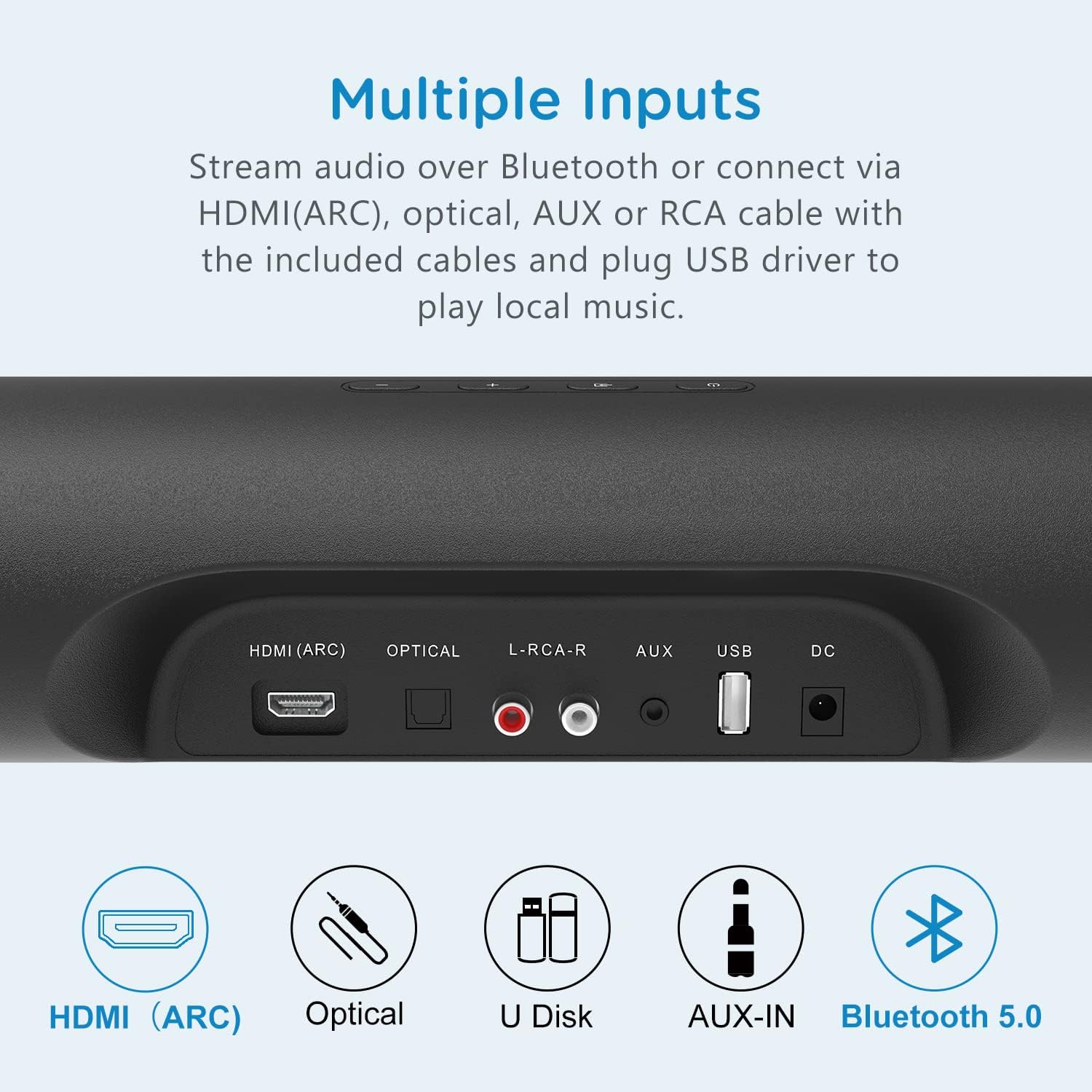 Soundbar, BESTISAN 80 Watts TV Sound Bar Home Theater Speaker with HDMI, Optical, RCA, AUX Port, Bluetooth 5.0, Movie/Music/Dialogue Audio Mode, Enhanced Bass Technology, Bass Adjustable, 2022 Version
