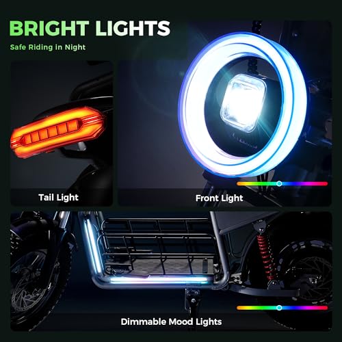 isinwheel Electric Scooter Adults, 21/38 MPH Top Speed & 28/43 Miles Range, 14/16'' Fat Tire Scooter for Adult with Turn Signals & Mood Lights, APP, 1200W Powerful Motor Electric Scooter with Seat