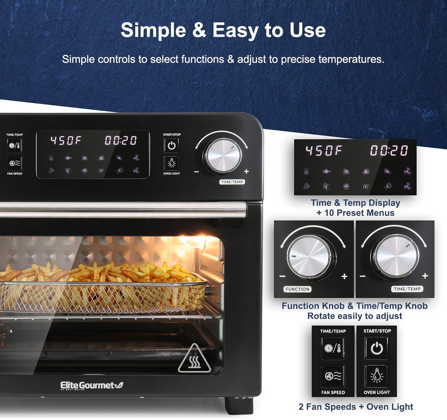 Elite Gourmet EAF9310 Digital Programmable Fryer Oven, Oil-Less Convection Oven Extra Large 24.5 Quart Capacity, fits 12" pizza, Grill, Bake, Roast, Air Fry, 1700-Watts, Black