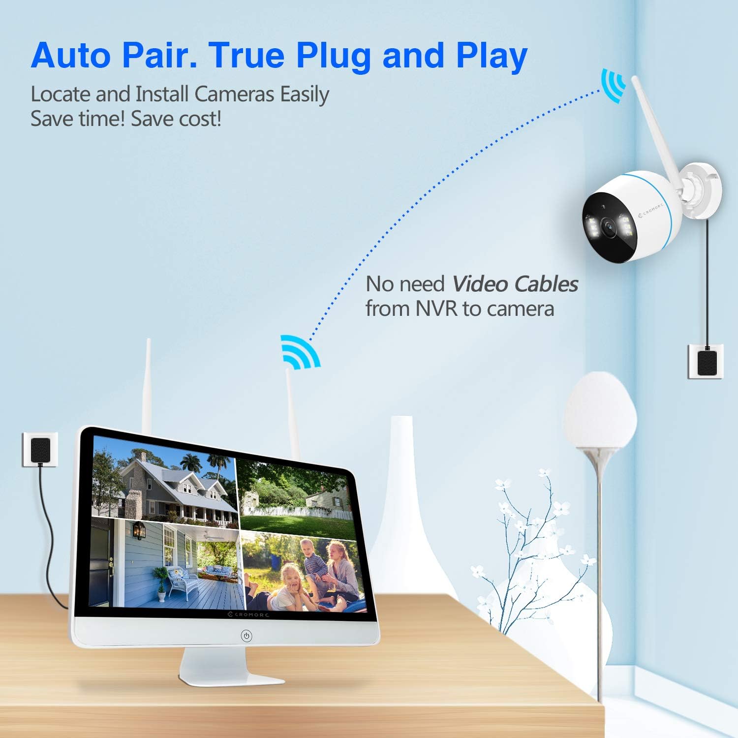 Cromorc All-in-one Wireless Security Camera System with 15.6 IPS Monitor, AI Human Detection, Floodlight,Siren Alarm, 2-Way Audio,4PCS 3MP Camera,Expandable 8CH NVR,Home Business Surveillance,2TB HDD