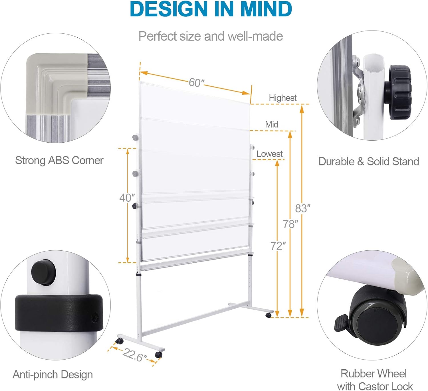 Mobile Whiteboard with Stand - 48x36 Height Adjustable Double Sided Dry Erase Board, 360° Rolling Large White Board on Wheels, Magnetic Whiteboard with Pen Tray for Meeting, Training by CALENBO