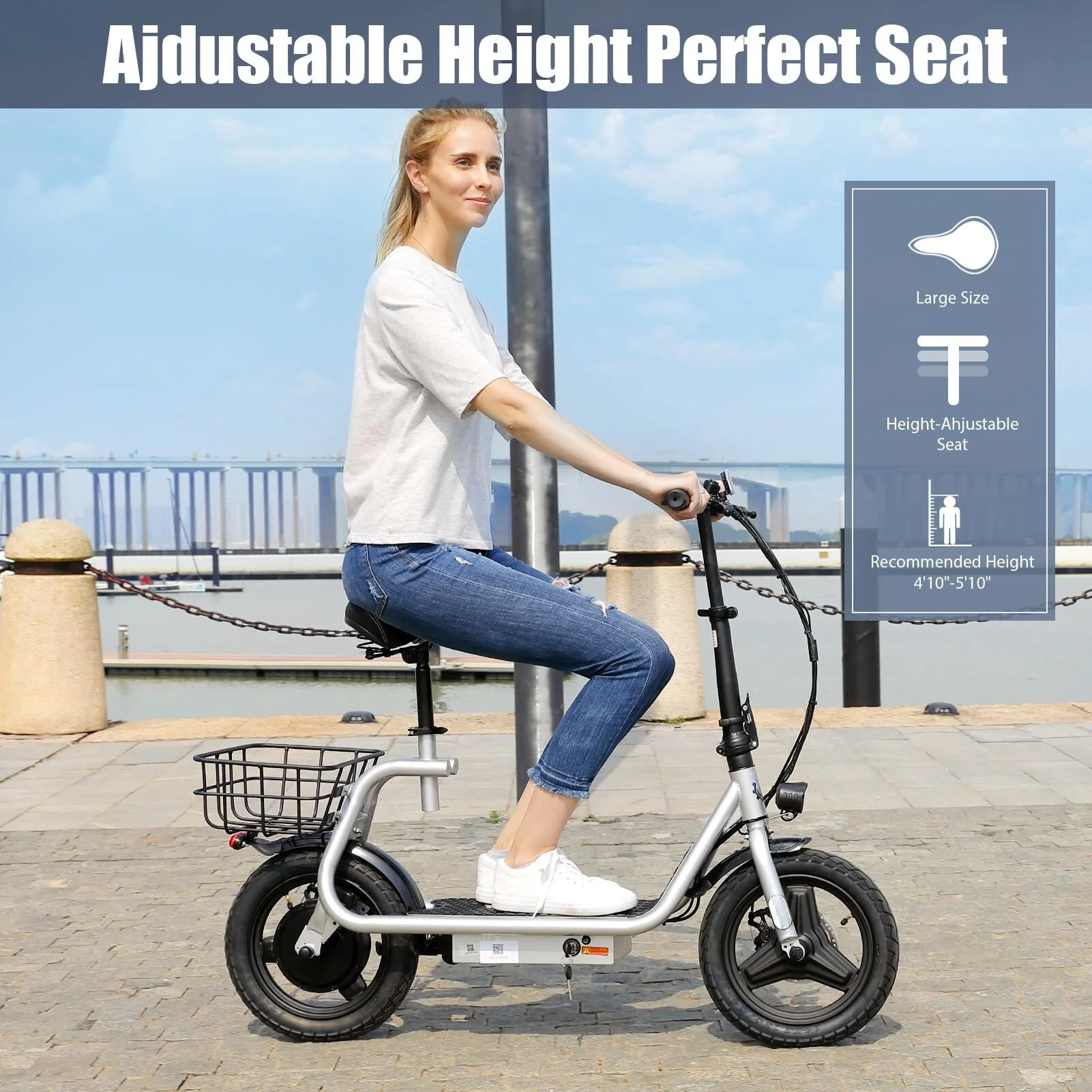 Caroma 800W(Peak) Adults Electric Scooter with Removable Seat, Max Speed 20mph Up to 25 Miles Range, 14" Tire for Commuting Scooter with Basket, Folding Electric Scooter, Silver