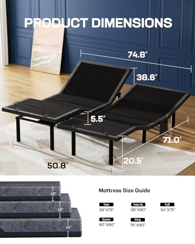 Marsail NS0 Adjustable Base with Mattress Set, Queen Adjustable Bed Frame + 10-inch Cooling Gel Memory Foam Mattress, Dual Motor Bed Frame with Wireless Remote, CertiPUR-US Certified