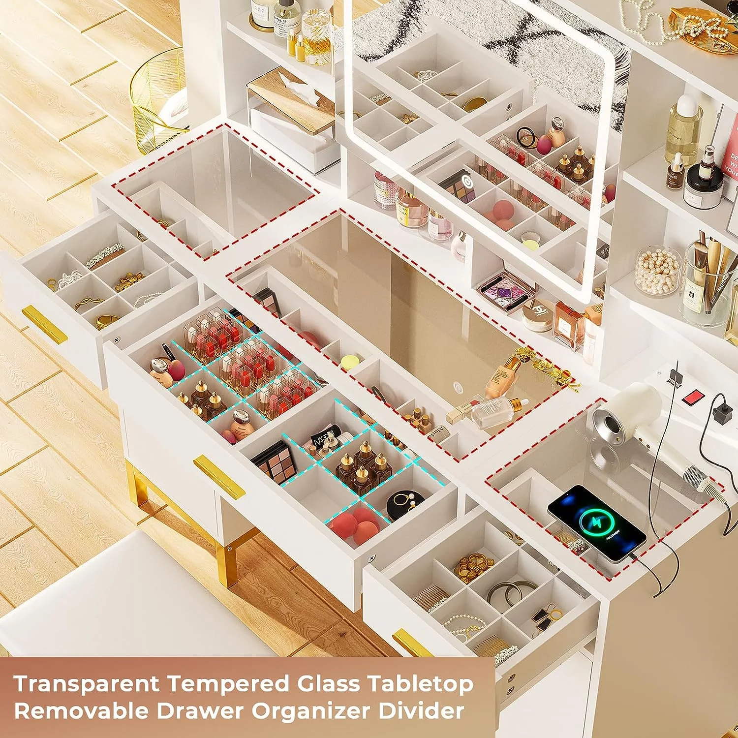 AOGLLATI Vanity Desk with Lights Mirror and 3 Drawers,Glass Tabletop Make up Vanity Set with Charging Station & 2 Cabinets,Hidden Hooks,White